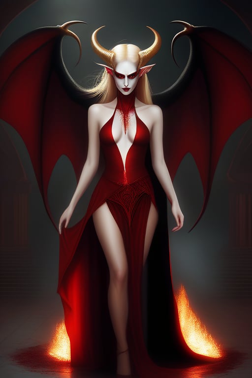 demoness haures, sigil, golden hair, golden eyes, fair skin, long legs, blood red dress, no wings