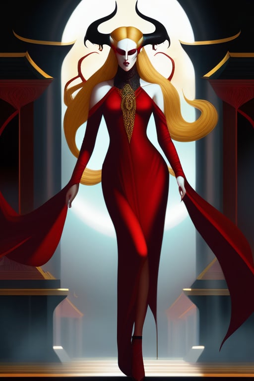 demoness haures, sigil, golden hair, golden eyes, fair skin, long legs, blood red dress, no wings