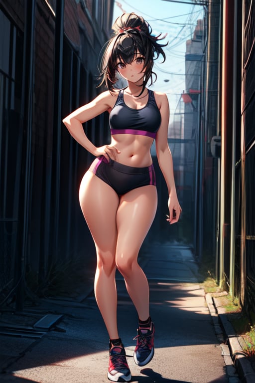 Small black hair, sportswear , sports bra, clevage, full body, high ankle shoes ,standing straight, prefer anatomy, athletic body, wide hips, thicc_thighs