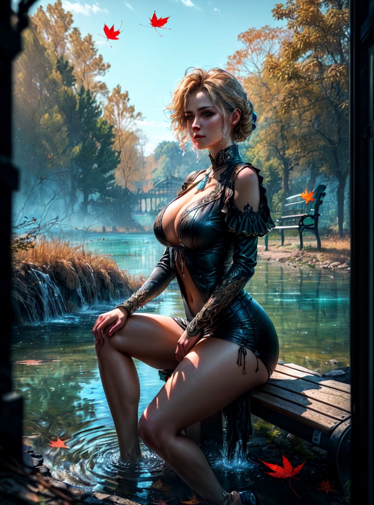 (best quality), (masterpiece), ((realistic), (detailed), beautiful woman, facing the viewer, sitting on a bench, watching a lake with ruins in background, futurestic, falling leaf, (masterpiece), absurdres, HDR,dark studio