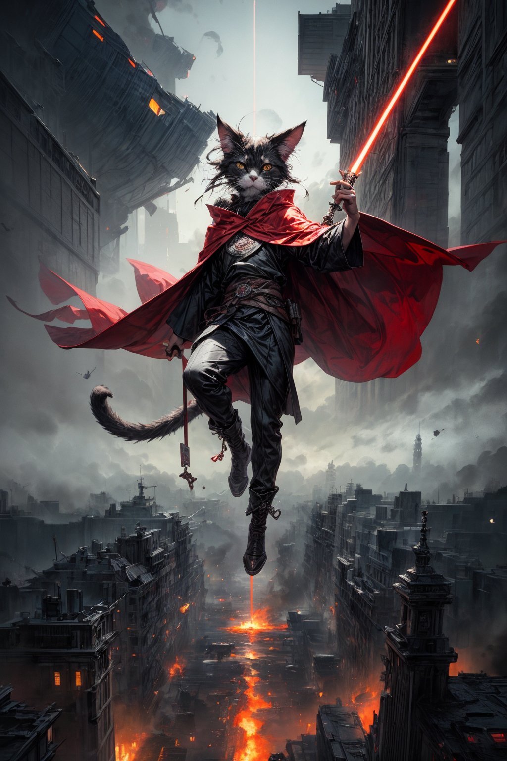 (masterpiece, top quality, best quality:1.2), (detailed), (1 man), jedi cat in a cape, semi-human, half-human, (cat-headed:1.2), fluffy tail, human body, super-vilian, dangerous, unleeshed power, epic scene, action, fantasy, flying over destroyed city, power-hungry, (full body view), panoramic view, wide shot, glowing eyes, big city,weapon