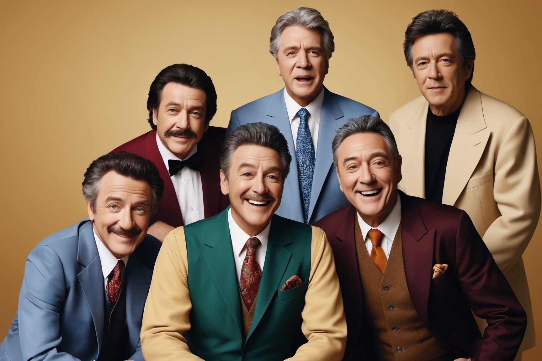 (masterpiece, Best Quality, photorealistic, ultra-detailed, finely detail, high resolution, 8K wallpaper), portrait photo of a legendary comedian group, 5 male persons, middle-aged