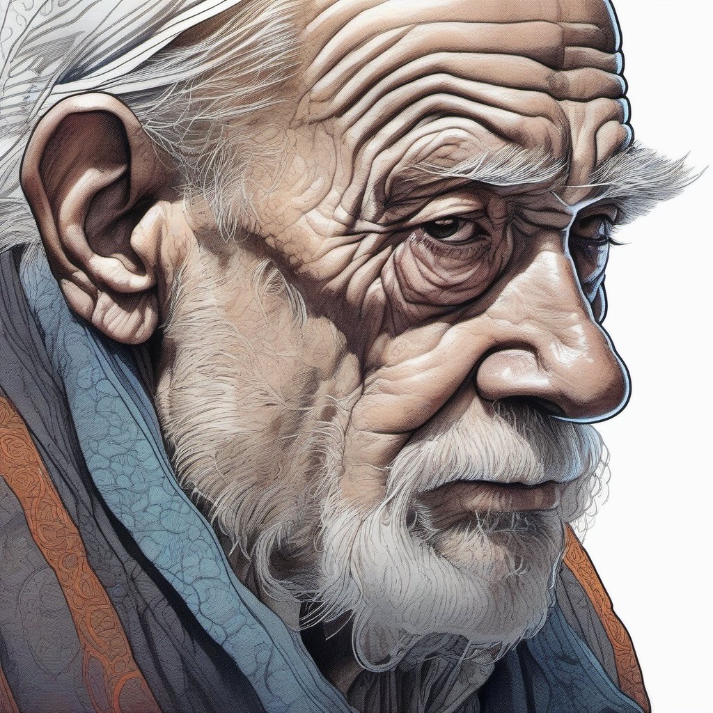  color ink drawing,old man, Perfect details, night, thin lines, dark background, trending on artstation, sharp focus, studio photo, intricate details, highly detailed, by greg rutkowski