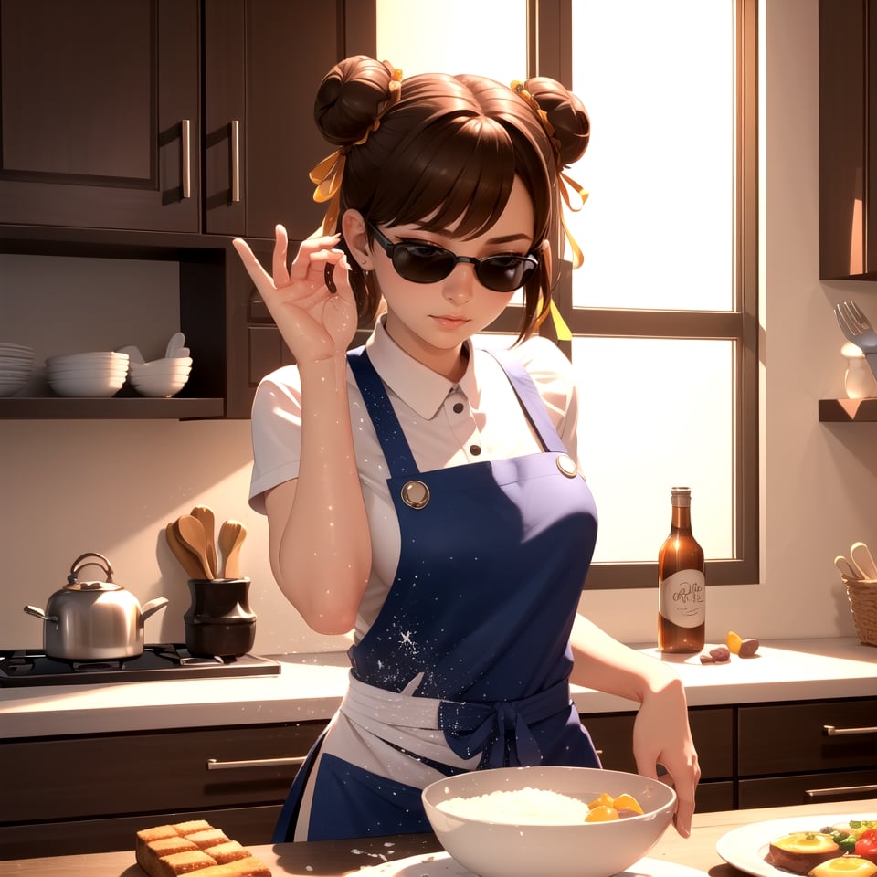 highly detailed, high Quality, masterpiece, beautiful, 1girl, solo, SaltBaeMeme, salt, sunglasses, kitchen, food, terrible food, kitchen, kitchen apron, | ,SF2 CHUN | brown hair, twin bun hairstyle,