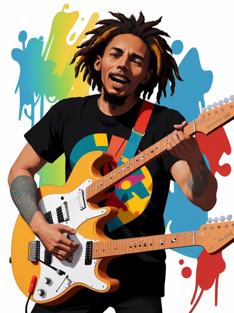 vector t shirt art ready to print RGB graffiti illustration of a red, black, A stylized Bob Marley playing a guitar, high detail, white background, vibrant color