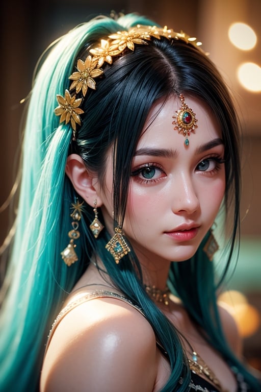 Protrait, photograph, oval jaw, delicate features, beautiful face, long bangs, long ponytail, bright blue-green eyes, hindu art, Korean,1 girl