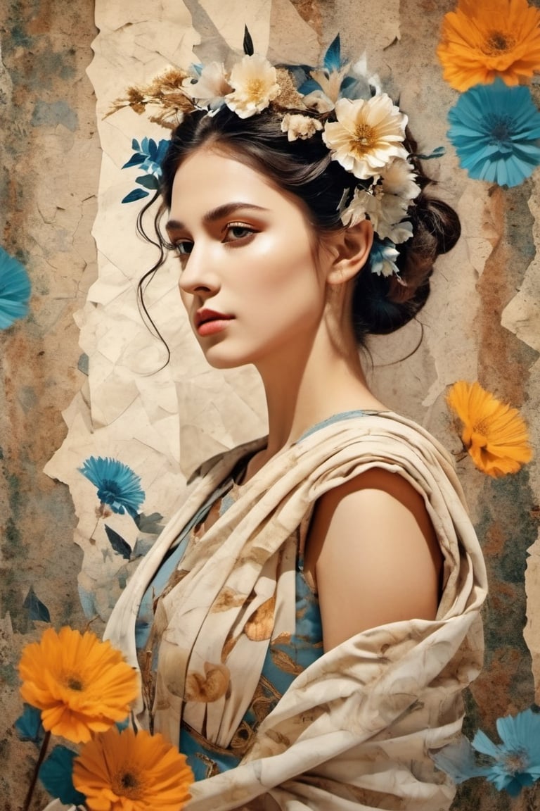 portrait of a beautiful ancient rome woman, optical art, neuron flowers, torn paper collage, dynamic shot, full body shot, background: dynamic