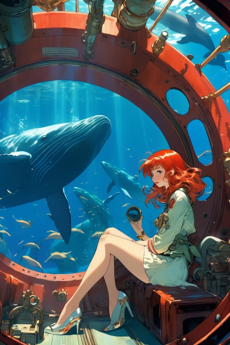 Anime artwork, Girl, red head, sitting beside a large port hole, inside a submarine, underwater scene, whales, art by J.C. Leyendecker . anime style, key visual, vibrant, studio anime, highly detailed,ClassipeintXL,LaxpeintXL