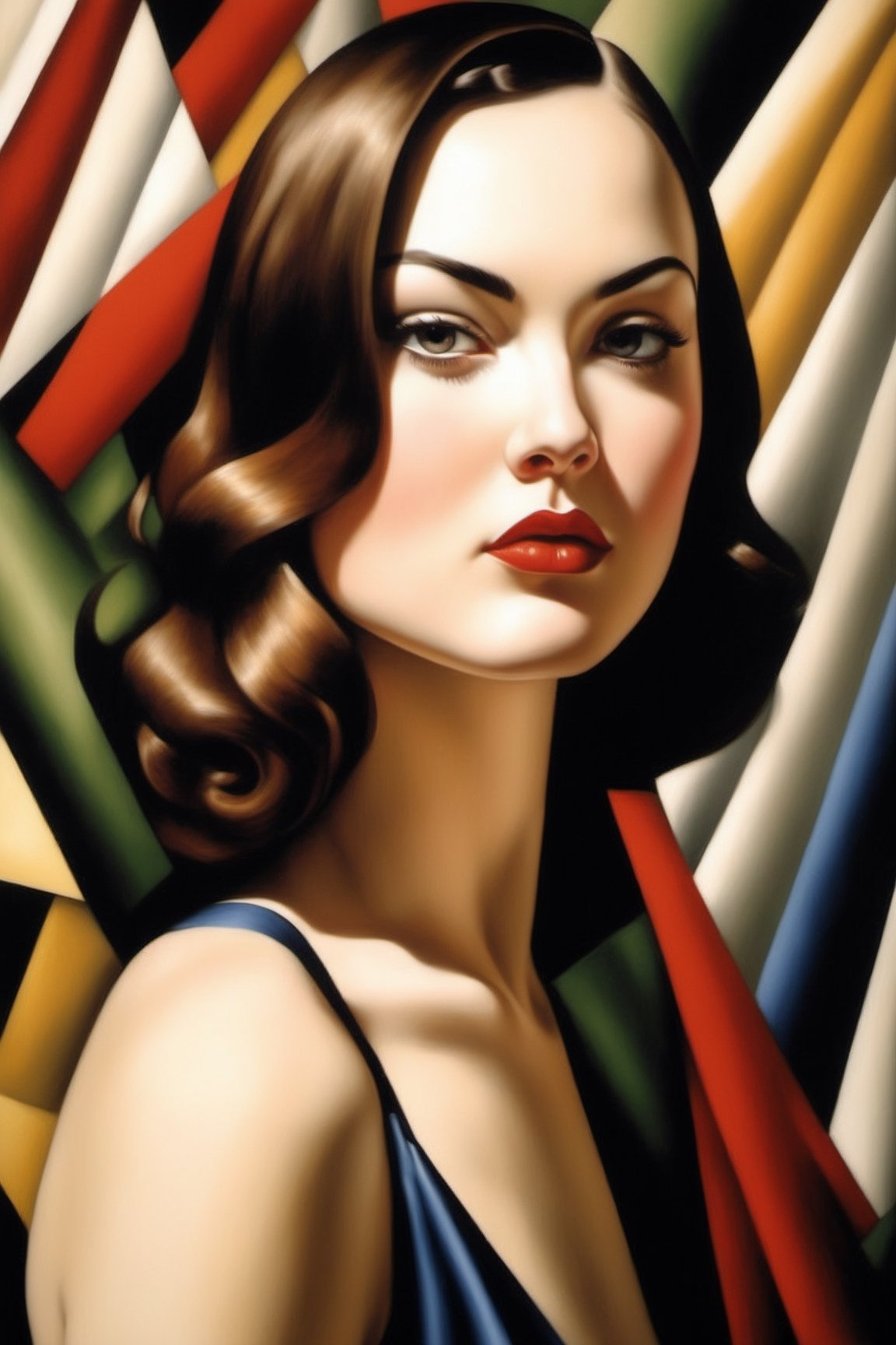 oil painting of Sasha Grey, portrait, beautiful face, best quality, realistic, (((Sasha Grey))), Sasha Grey's face, ultra detailed, calming, Tamara de Lempicka style, painted by Tamara de Lempicka, bold edges, elegant