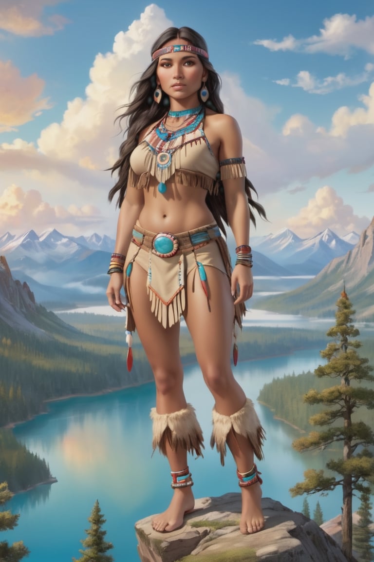 UshamXL,Giant, giantess, Full body, pastel masterpiece,{{{best quality}}},(realistic)),{{{extremely detailed CG unity 8k wallpaper}}},beautiful native American woman, amazing stunningly beautiful, most beautiful women ever, aged 23, gorgeous face, gorgeous body, stunning eyes, symmetrical chest, traditional native American outfit  sitting on top of a miniature-sized mountain range, miniature sized landscape, clouds, forests, lakes,UshamXL