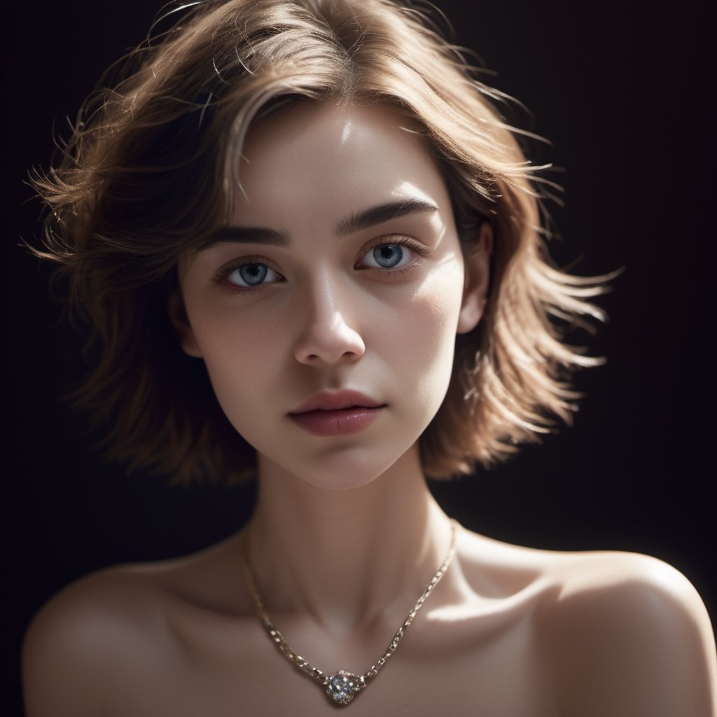 fashion photography portrait of 1girl, offshoulder, fluffy short hair, soft light, rim light, beautiful shadow, low key, (photorealistic, raw photo:1.2), (natural skin texture, realistic eye and face details), hyperrealism, ultra high res, 4K, Best quality, masterpiece, necklace, (cleavage:0.8), in the dark