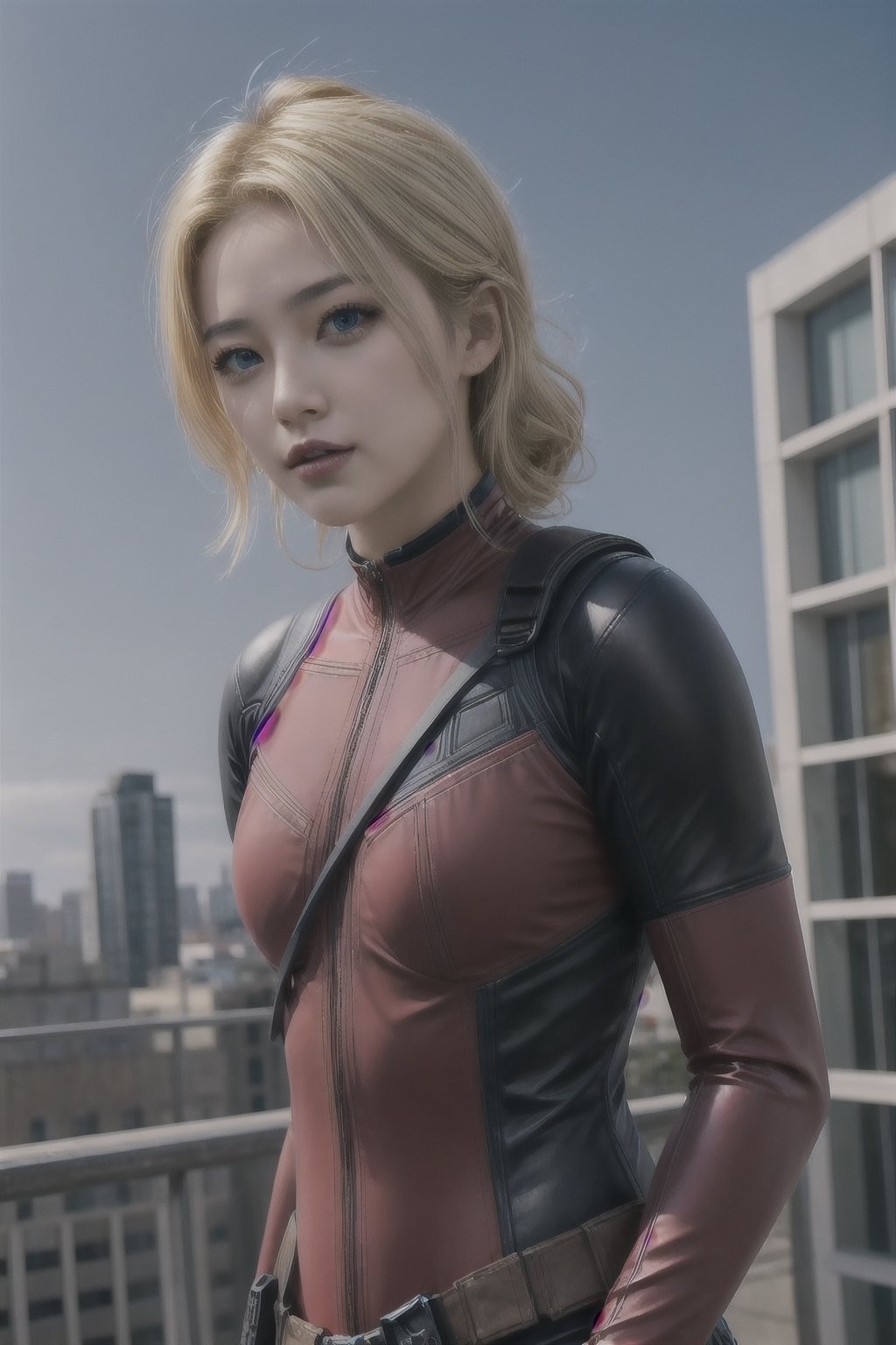 masterpiece, best quality, 1girl wearing deadpool costume, unmasked, blonde hair, blue eyes, upper body, city, blue sky 