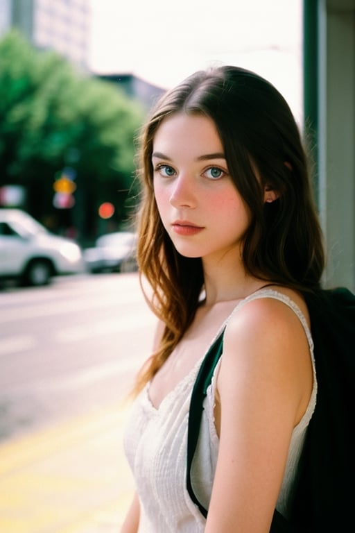 photo of a beautiful young woman waiting for the bus in downtown Seattle, hyper-realistic, soft focus, pose, film/cinematic photo, dynamic, natural, good lighting, 35 mm, good proportions,dream_girl