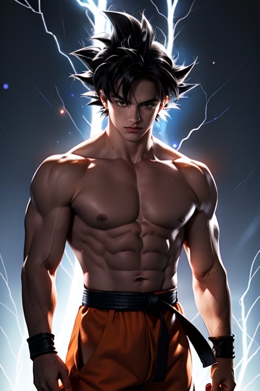 1man, muscular, son goku ultra instinct, glittering silver aura enveloping his body, stern look, black colored hair, orange colour pants, black belt, shirtless,  tattered garment, looking at viewer, centered, view from waist up, lightning background, masterpiece, bokeh, realistic, heroic pose,son goku