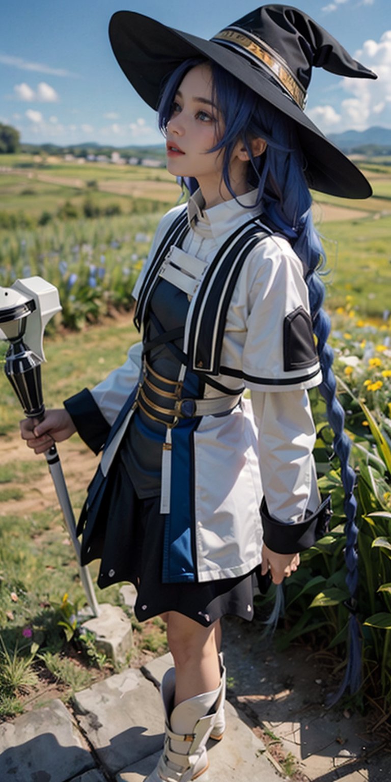 Centered, Ultra realistic, 1girl, 16 years old, Roxy Migurdia (mushoku tensei), mage, one thin magic staff, white boots, medium breasts, long braided hair, bright blue hair, oversized black witch hat, standing, in a large field, casting magic, chanting spells, special particle effects, ultra realistic shadows, luxury fashion illustration, masterpiece, high quality, 32k, perfect detailed, ultra sharp focus,view from knee up,