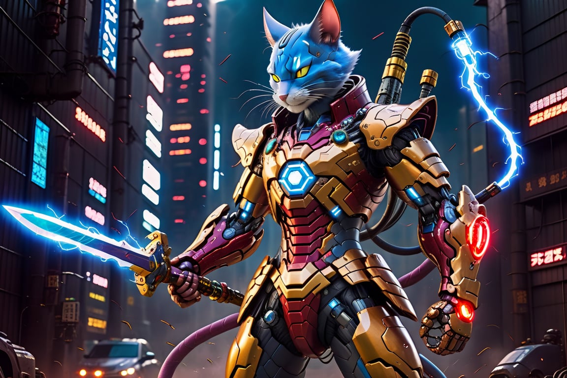 A Hi-Tech tom and jerry, seing face cyberpunk style random color    , blue liquid samurai suit, Custom epic design, shining body, battle stance  glowing look, full shining suit, body, hues.,steampunk style,cyberpunk style,mecha, perfect custom Hi-Tech suit, holding glowing lightning sword, weapon master, dynamic light ,fignting glowing red sword , redsmoke
