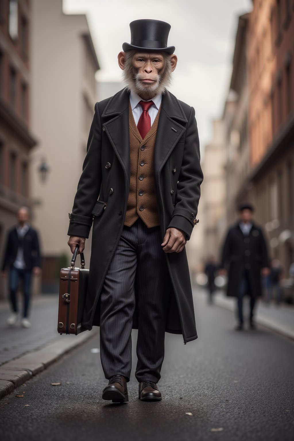 High resolution, full detailed, better image quality,16k, ultrara definition,ultra-realistic,

Believe me a monkey, with suit form, with a top hat, and a suitcase in hand, walking in the city 