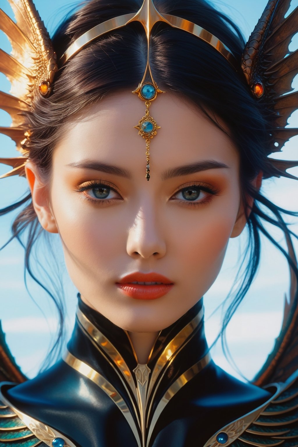 breathtaking close up portrait of your eyes and face with piercing eyes and a halo androgynous dragon wings, elden ring, matte painting concept art, midjourney, beautifully backlit, swirly vibrant color lines, majestic, cinematic aesthetic, smooth, intricate, 8 k, by ilya kuvshinov, artgerm, darius zawadzki and zdizslaw beksinski
