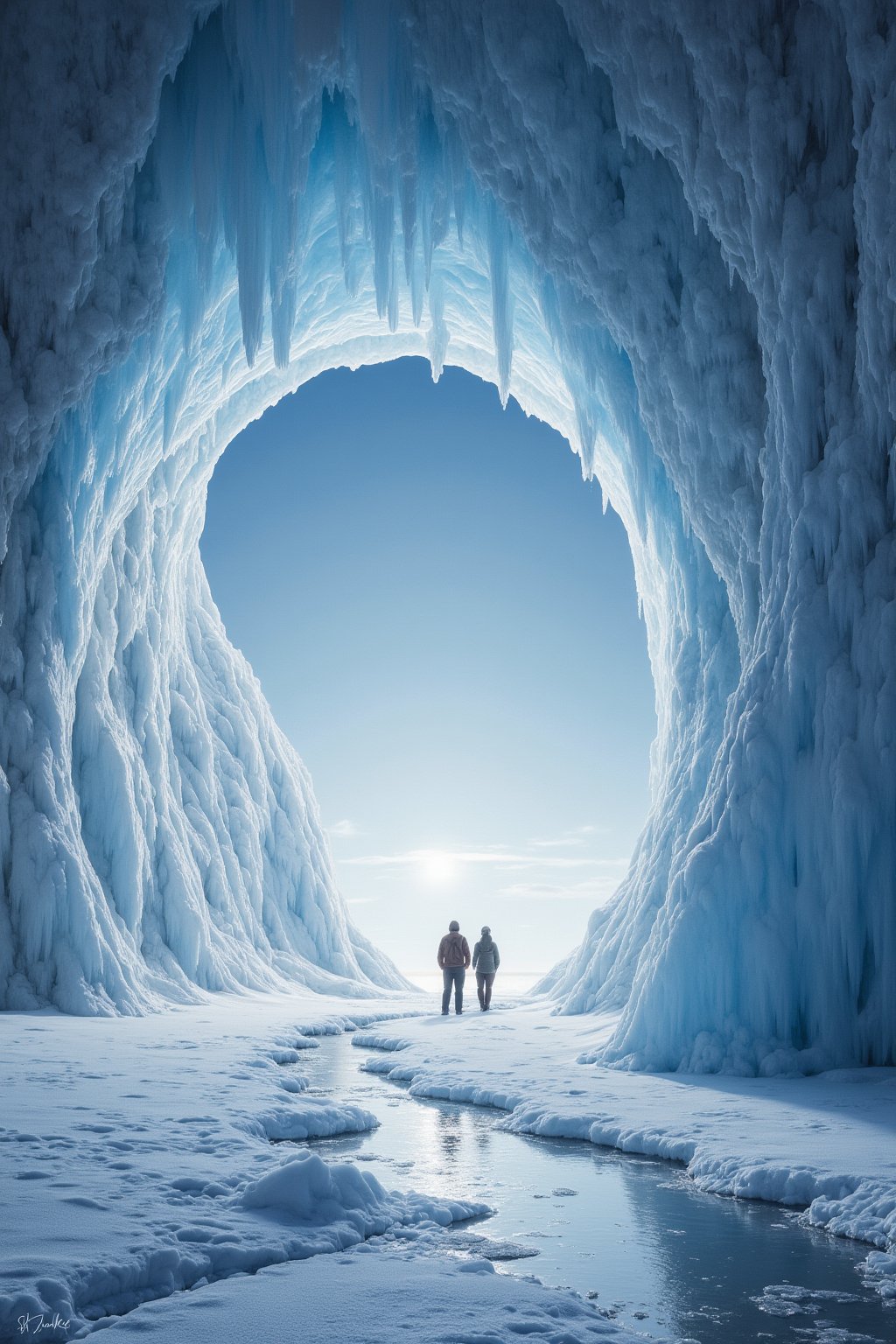 Realistic painting of the icy landscape of Antarctica, with a perfectly round entrance to an ice cave, illuminated by soft blue light, two Canadian polar explorers standing at the entrance in awe, painted in the style of Thomas Moran and Frederic Edwin Church, highly detailed with intricate ice formations and reflections on the snow