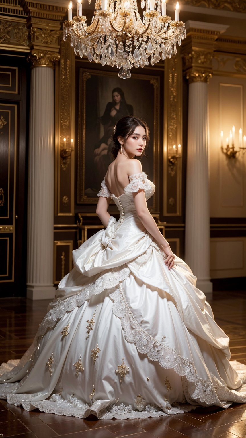 Step into the lavish elegance of the 17th-century French court, where romance and opulence intertwine in a dance of grace and passion. The scene opens with a resplendent ballroom, bathed in the soft glow of chandeliers suspended from the ornate ceiling. A lone figure emerges into view, a young woman who embodies the epitome of sophistication and allure.
The camera captures her from a gentle side angle, offering a glimpse of her as she stands in the midst of the opulent surroundings. Her posture is regal, shoulders back and head held high, exuding a confident elegance that commands attention. The camera's distance is just enough to capture her from head to toe, allowing the viewer to appreciate every intricate detail of her ensemble.
Her attire is a masterpiece of intricate lace and sumptuous fabrics, a true reflection of the fashion of the era. A bodice adorned with delicate embroidery accentuates her slender waist, while layers of silk and satin cascade gracefully down to the floor, creating a mesmerizing tableau as she moves. The camera takes in the elaborate ruffles and folds of her gown, highlighting the craftsmanship that went into its creation.
As she glides across the ballroom, her movements are the embodiment of grace, captured in a full-length shot that showcases the fluidity of her steps. The camera angle slightly tilts upwards, emphasizing her ethereal presence and the grandeur of the surroundings. Her eyes, expressive and filled with a mix of emotions, meet the viewer's gaze for a fleeting moment, a connection that transcends time.
The candlelit ambiance casts a soft glow on her features, illuminating her complexion with a subtle radiance. The camera lingers on her face, capturing the delicate curve of her cheekbones and the gentle sweep of her eyelashes. A hint of a smile plays on her lips, adding an air of mystery to her allure.
The ornate mirrors that adorn the ballroom walls offer glimpses of the surrounding couples twirling in elegant waltzes, enhancing the sense of movement and enchantment. The camera position remains fixed, capturing the scene in its entirety while allowing the viewer to absorb the romantic ambiance that envelops the setting.
In this singular shot, the camera captures the essence of a young woman who embodies the romantic splendor of the 17th-century French court. Her beauty, poise, and the enchanting atmosphere of the ballroom come together in a visual masterpiece that transports the viewer to a world of timeless elegance and passion.        