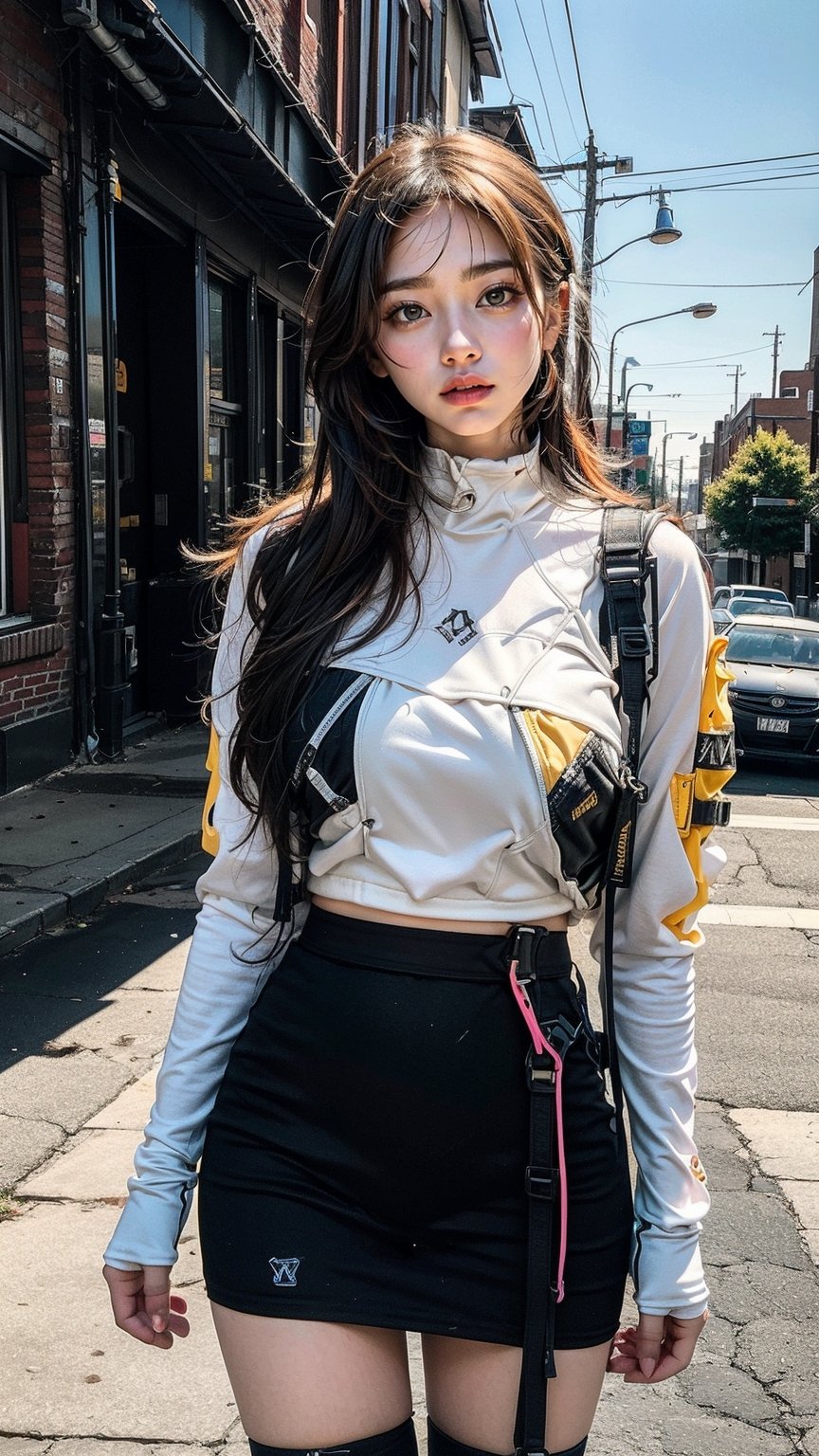 A fashionable young woman taking photos in the sunny weather, wearing colorfull urban techwear with a background of Memphis-style photography elements, featuring bright colors and artistic vibes. High-definition photo of a trendy woman in vibrant Memphis-style setting under the sun, full of lively colors and youthful energy, Nice legs and hot body, urban techwear