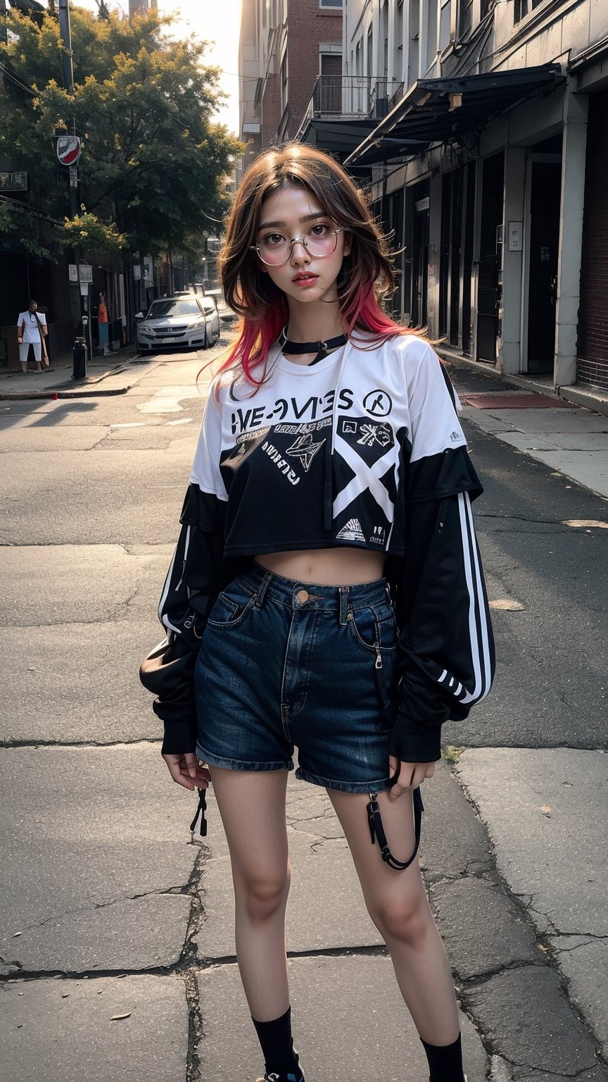 A fashionable young girl taking photos in the sunny weather, wearing colorfull urban techwear with a background of Memphis-style photography elements, featuring bright colors and artistic vibes. High-definition photo of a trendy girl in vibrant Memphis-style setting under the sun, full of lively colors and youthful energy, Nice legs and hot body, urban techwear