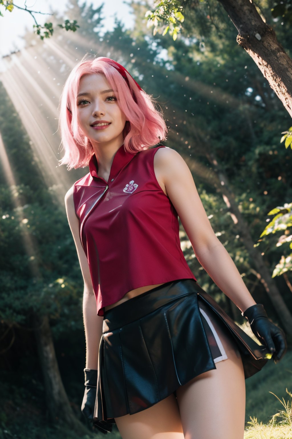 masterpiece, best-quality, photorealistic, raw photo,

1girl, sakura haruno, (green eyes:1.2), hairband, short hair, (pink hair:1.4), (small breast:1.2), bare shoulders, (black gloves:1.2), forehead protector, konohagakure symbol, ninja, (red shirt:1.5), shirt, (sleeveless:1.2), sleeveless shirt, (black short skirt:1.5), (tight shorts:1.2)

looking at viewer, smiling, bottom view, from below, intense angle, bottom_view

japanese old forest, torii, tree, stone, grass, 

backlighting, fog, day lighting, birch light, sun rays, volumetric light