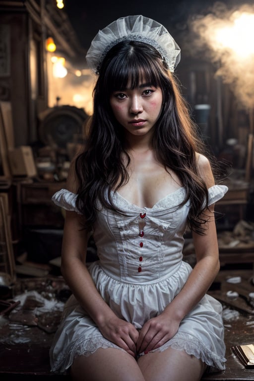 [Scene from Still Cine Portrait],
[ 20 years old beautiful Japanese female model sitting in the middle of the mess, wearing a black and white french maid costume, intricately detailed living city], cinematic realism,| [Action TV SHOW], cute pose, cute expression, insanely detailed filthy place, full of junk, chaos, perfect pupils, insanely detailed faces, intricately detailed filthy place, film grain, HD, 8k, volumetric lighting, light - dark, smoky, dimly lit, cool colors, hair backlight, ear backlight, volumetric lighting, 8K, perfect eyes, perfect pupils, expressive eyes, Albrecht Durer hands, smoke, particle fx, mist, haze, fire, explosions, debris, oil paint, heavy strokes, paint drips