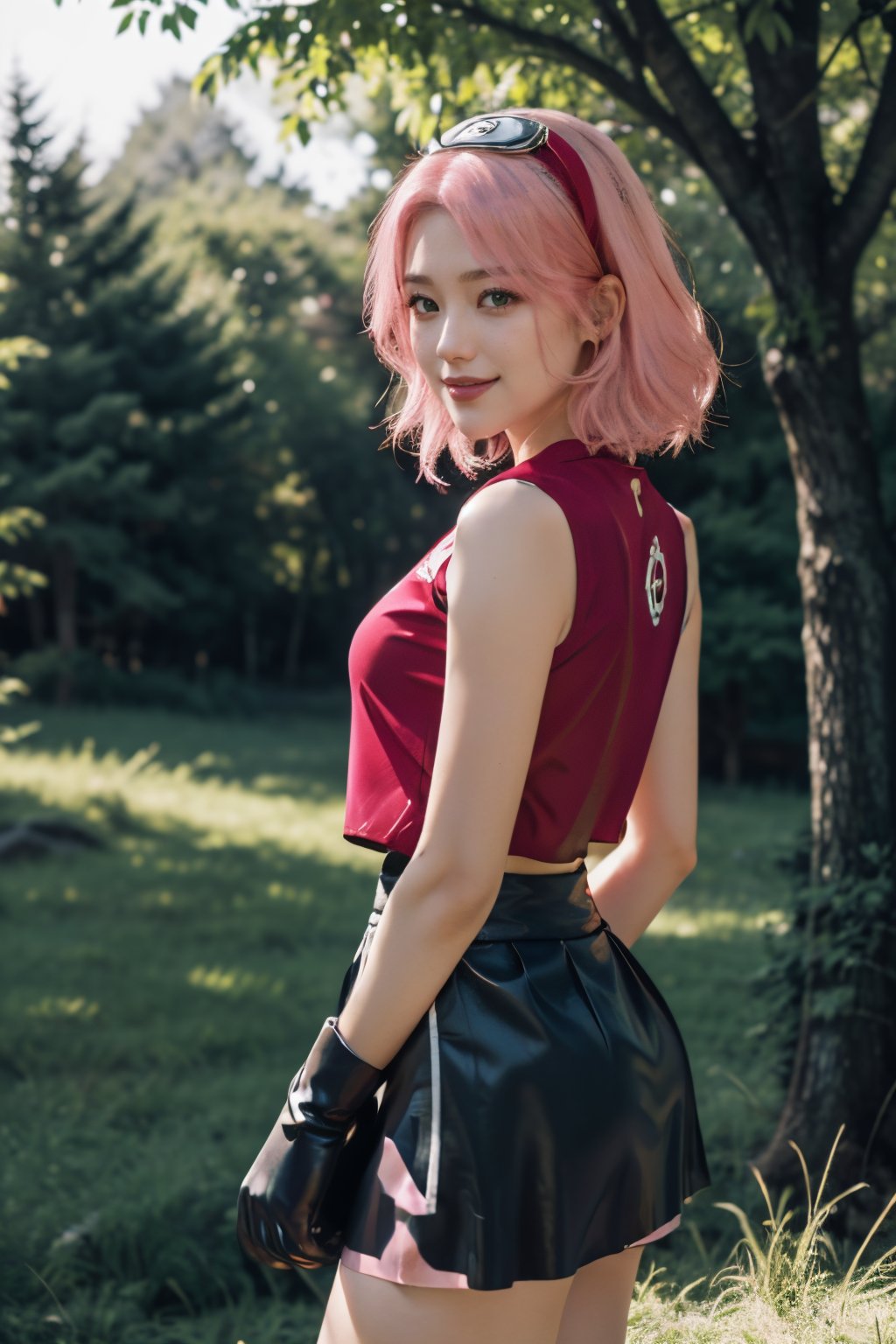 masterpiece, best-quality, photorealistic, raw photo,

1girl, sakura haruno, (green eyes:1.2), hairband, short hair, (pink hair:1.4), (small breast:1.2), bare shoulders, (black gloves:1.2), forehead protector, konohagakure symbol, ninja, (red shirt:1.5), shirt, (sleeveless:1.2), sleeveless shirt, (black short skirt:1.5), (tight shorts:1.2)

looking at viewer, smiling, side view, from side, intense angle, side_view_perspective

japanese old forest, torii, tree, stone, grass, 

backlighting, fog, day lighting, birch light, sun rays, volumetric light