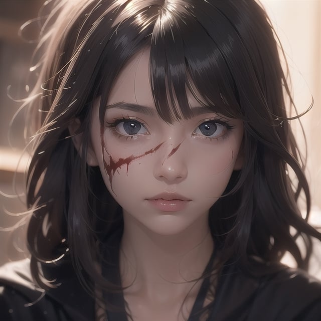 For me: (female), black hair, medium hair, messy hair, red eyes, shiny eyes, face full of blood, wearing a mask, horror theme, wearing a long black robe, ,,school background, close-up photo,fellajob,YAMATO