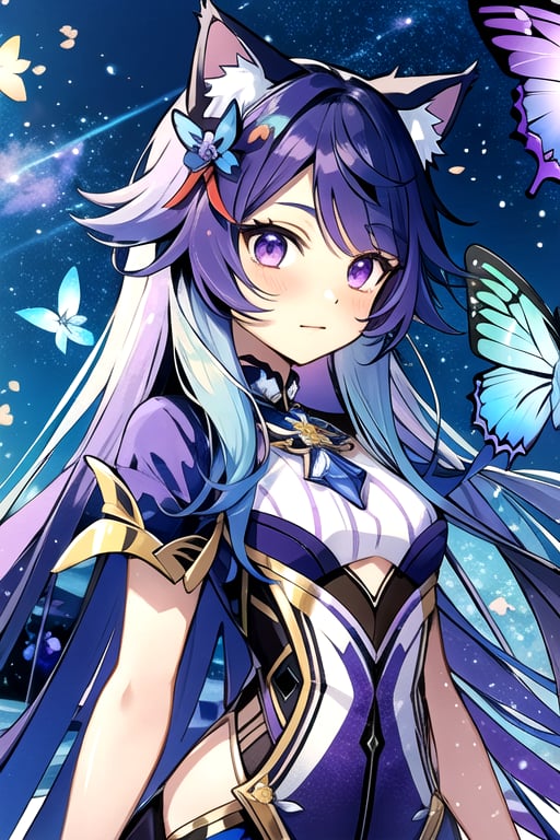 Purple eyes purple blue streaks in hair Hair Cream Long Hair Has Have Cat Ears Purple in wearing Modern Uniform In Town , mecha musume, crystals, robots, thin cheeks starry,shodanSS_soul3142,kirara /(genshin impact/) Butterfly Long Hair