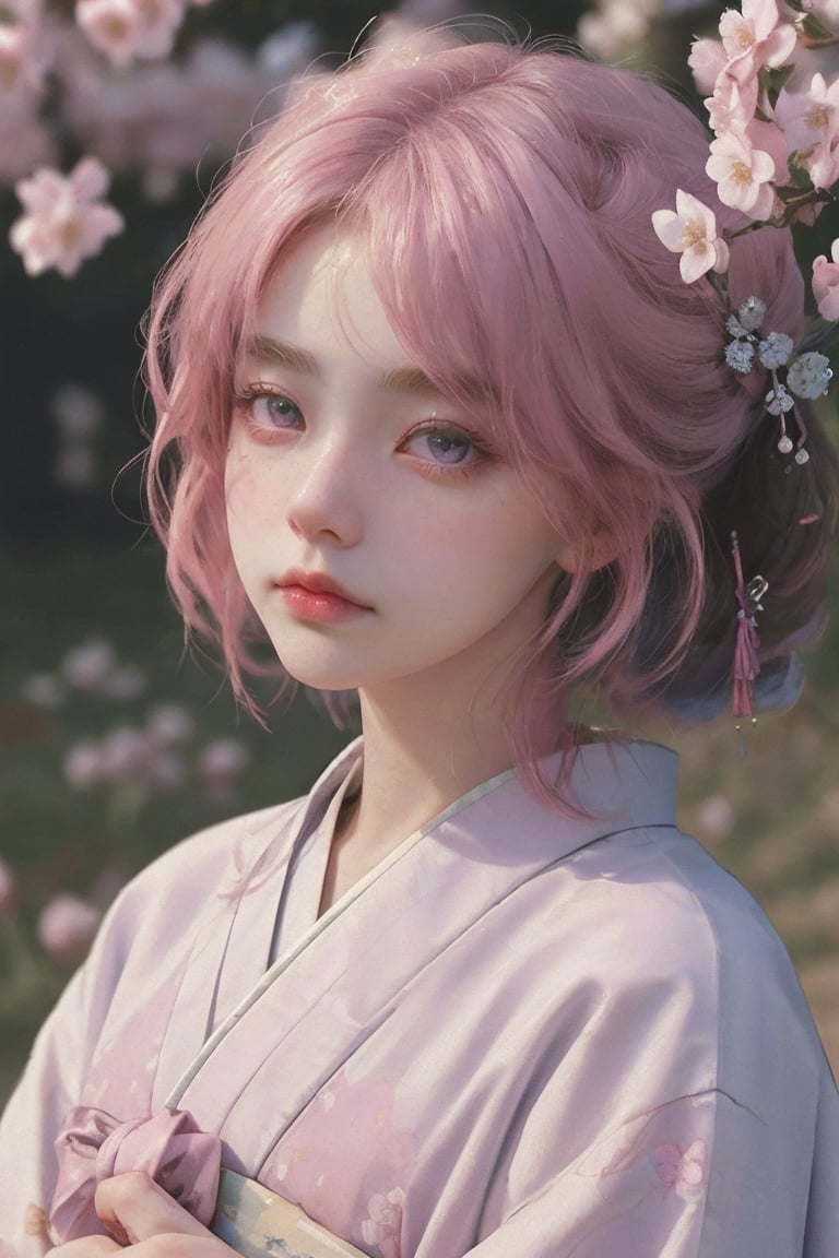 Make me a masterpiece: (Best masterpiece) High resolution: 1.3,, masterpiece with the best details,, female masterpiece, (female) from (Genshin impact) name (Yea Miko) Pink hair, purple eyes, glassy eyes, , pleading face, sweet face, cherry blossom background, 3D models, wearing traditional Japanese clothes, traditional Japanese clothes pink and white