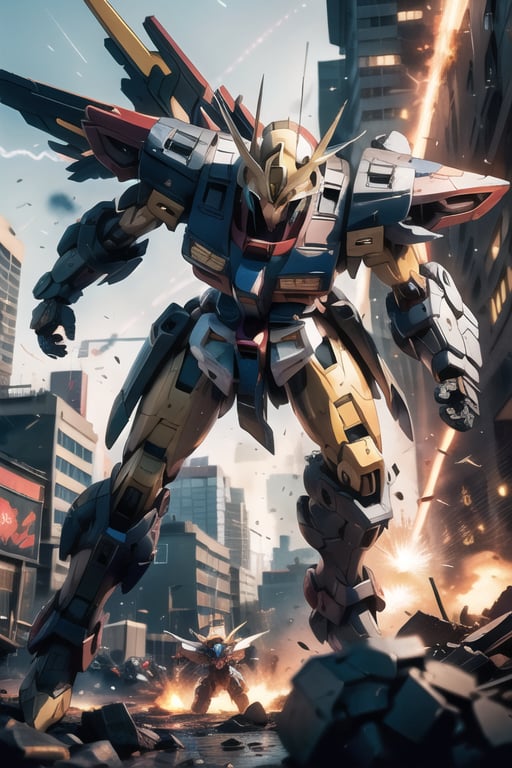 Realistic, (masterpiece1.2), (Ultra HDR quality),
City chaos unfolds as Gundam Mobile Suits of opposing factions collide in the blazing cityscape. The artwork depicts combat in a "dynamic" style, emphasizing the kinetic energy of the gundam's movement. The mood is a mix of danger and determination, reflecting the gravity of the situation. Illuminated by an explosive beam, the lighting style provides an intense and fiery atmosphere. This illustration is drawn in the style of Yoshiyuki Tomino. T-shirt design graphic, vector, contour, white background.

full body armor Black high detail and gold section detail, hitech armor detail, lethal look, cybernetic, perfect solid eyes, Mecha, black mask, proportional body, (gundam color: Black,White,yellow) gundam claw color:yellow BLACK GUNDAM