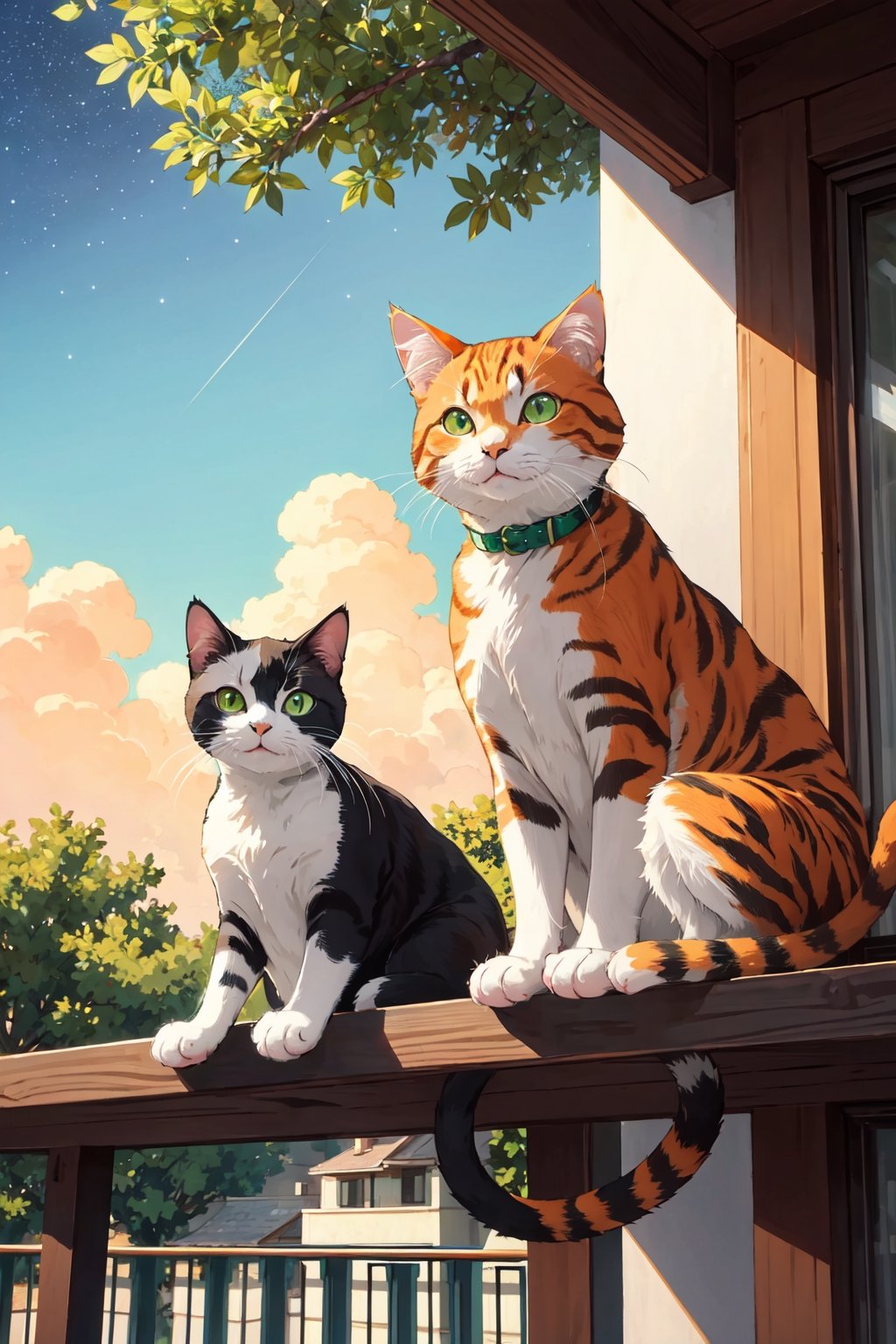 ( masterpiece )( high resolution :1.3 ) (best quality) ( character)paint,,orange,,green eyes( background ) ( high resolution :1.3 ) ( best quality ) ( background ),,balcony,, in the afternoon day,, there are stars,, and trees,, (cat pose),, sitting cat pose,, cat on a wooden balcony,, (cat expression),, daydreaming,, one orange cat,, little cat