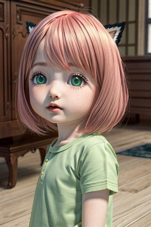 make me: masterpiece (best masterpiece) character from Spy x Family, name (anya forger) little boy, pink hair, short hair, green eyes, glassy eyes, adorable face, 3D model,ChopioAnya