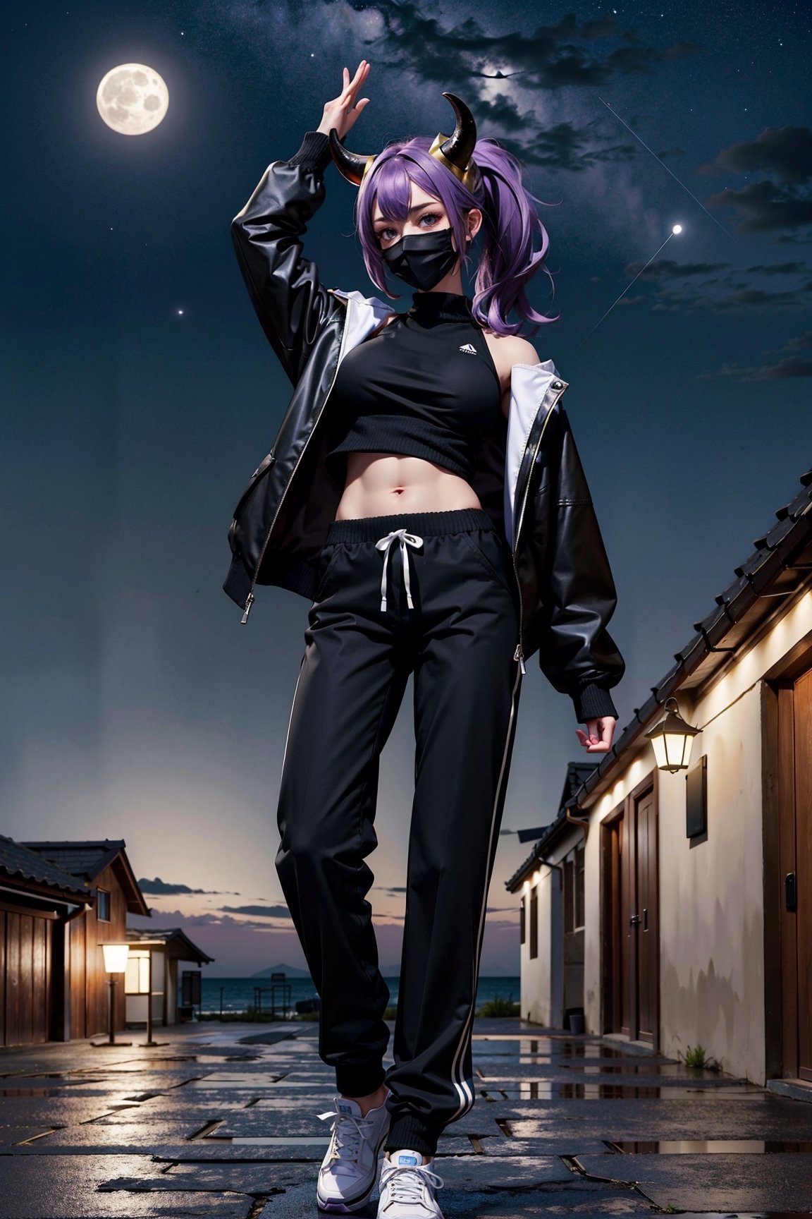 (masterpiece, best quality, high resolution: 1.3) Woman 1 (Solo) Purple hair, hair length 130cm, tall character, tomboyish character, wears a black sweater and white jacket tied to her trousers, medium breast size,, black horn head covering,( black jooger pants:1,2),,beautiful eyes,purple character eyes,,sparkling eyes,ponytail hair,wearing a black mask. (1,2),, black horns, long black jogger pants,, wearing shoes,, character standing on roof tiles,, character's head facing upwards,, calm atmosphere on the beach, at night,, (beautiful moon above sky full of stars,) one shooting star, head only, close up, dreamy character, top view