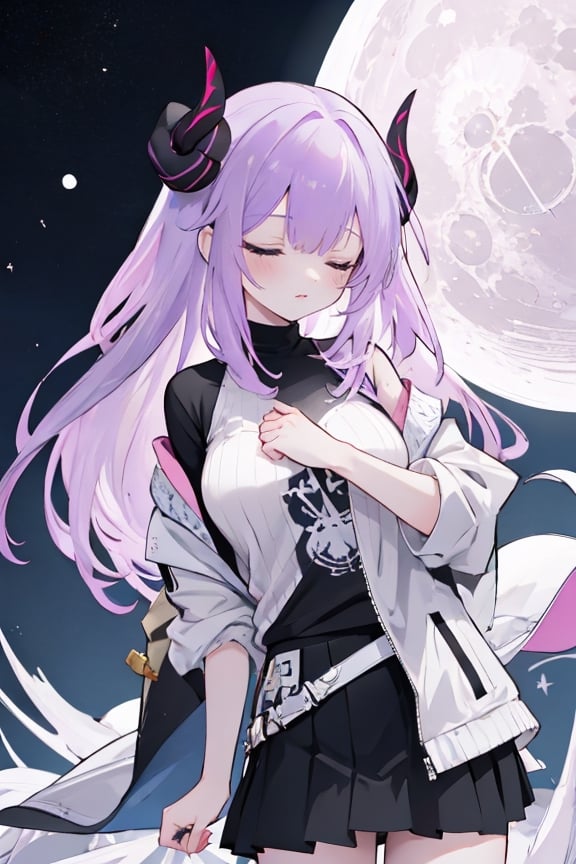 (Masterpiece) (high resolution :1.3) (female 1),,Long Hair,,purple hair,closed eyes,,black t-shirt,,black short skirt :1.3,,white jacket,,black horns,,,( background modern  ),, blue city,, pink white moon,, a woman,1girl,oha style