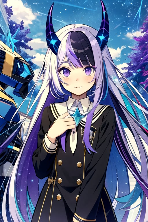 Purple eyes purple blue streaks in hair Hair Cream Long Hair Has Black Horns Purple in wearing School Uniform In Town , mecha musume, crystals, robots, thin cheeks starry,shodanSS_soul3142