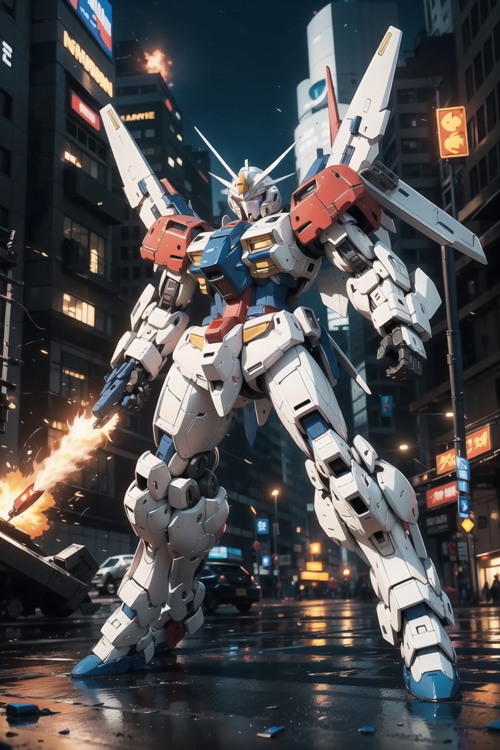 Realistic, (masterpiece1.2), (Ultra HDR quality),
Urban mayhem unfolds as Gundam Mobile Suits from opposing factions collide in a cityscape ablaze. The artwork portrays the battle with a "dynamic" style, emphasizing the kinetic energy of the gundams' movements. The mood is a mix of danger and determination, reflecting the gravity of the situation. Illuminated by the glow of explosions, the lighting style casts an intense, fiery ambiance. This illustration is drawn in the style of Yoshiyuki Tomino. T-shirt design graphic, vector, contour, white background.

high detailed white full body armor and blue parts detail, detail hitech armour, deadly look, cybernetic,perfect solid eyes, Mecha, white masked, proporsional body, (gundam color: white, blue, yellow) gundam claw color: yellow