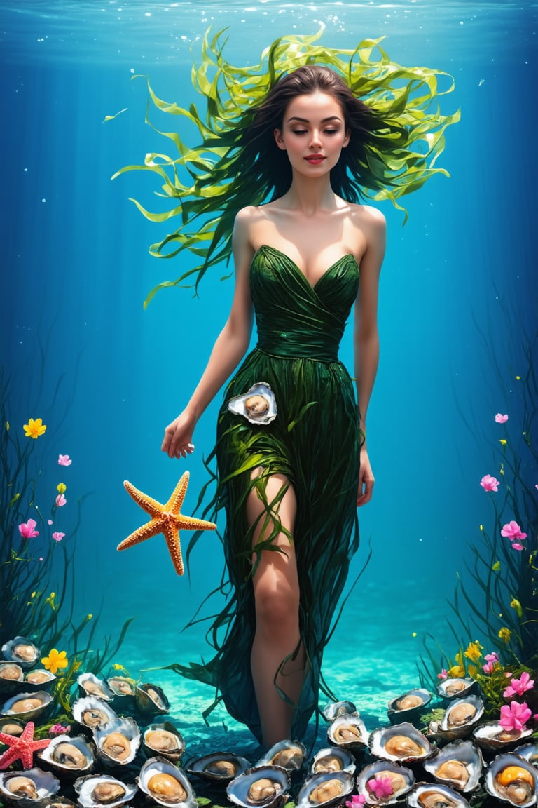 The beautiful woman's clothes are made of live oysters and starfish. Seaweed is wrapped around her body. The oysters open up as the person moves, exposing the oyster flesh. The starfish rustle in the wind. Colors can be vibrant and natural, with a mix of greens, pinks and yellows, tilting the camera slightly to create a Dutch angle, adding a dynamic and slightly surreal effect, as if the oysters and seaweed are in constant motion or growing (sunrise) After or before sunset), the body has its own sea water vapor, which can illuminate the subject with soft light. This lighting will enhance the natural colors of plants and flowers, giving the scene a warm, earthy glow, a masterpiece. Super high quality