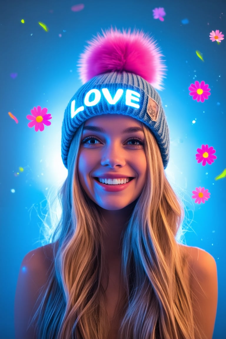 portrait of Sydney Sweeney ((Sydney Sweeney)) long hair,  UHD, 4k, ultra detailed, cinematic,medium boob,upper body shot A headshot photo of a blonde woman   , she is wearing a woollen beanie hat with a fluffy pom pom, her blonde hair is poking from underneath the hat.  she is looking mischievously at the camera and laughing, the background is bright and colorful with splashes of paint randomly thrown on a wall, 4k, uhd, hdr, realism, skin texture, perfectly focused photograph, creating glowing flowers spelling out the words "Love", glowing blue light, dynamic color, there is flowers scattered around her, depth of field, dynamic angle