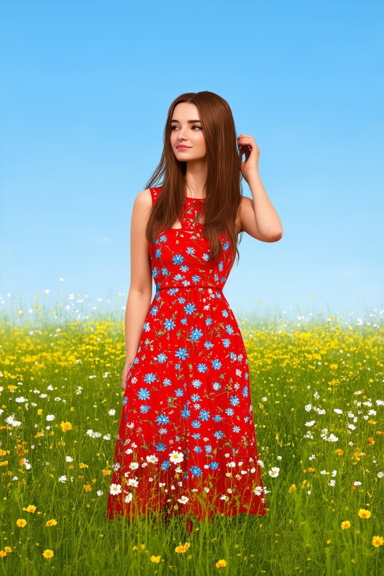 Captured at eye-level on a vibrant day, a woman stands in a field of wildflowers, her long brown hair cascades over her shoulders. She is dressed in a sleeveless red dress, adorned with blue and white flowers, her left hand resting on her hip and her right hand holding her hair up to her ear. The backdrop is a lush green field, dotted with white flowers. The sky is a muted blue, adding a touch of blue to the scene.