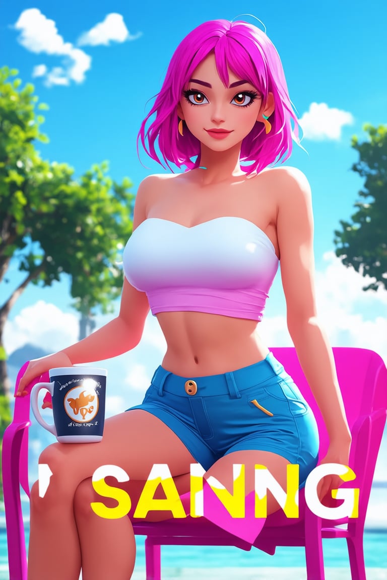 "masterpiece, best quality, realistic, a sexy teenager, white and magenta gradient bright haircolors, sexy body, stylish slang strapless shirt and hotpants, white pale skin, sitting on chair with coffee mug outdoor cafe, bright yellow eyes piercing at viewers, snap with sharp focus and bright film environment with strong gusts of wind. Bold cover text below \"Saving Points\" With aesthetic font style. "