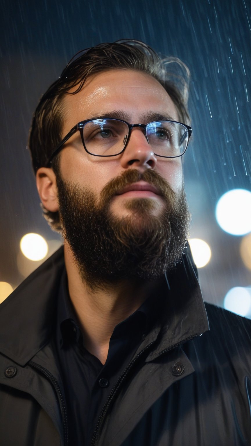 Professional portrait of a man, bearded, looking up, raining, wet, wet hair, night time, city, sadness, glasses, eyes closed