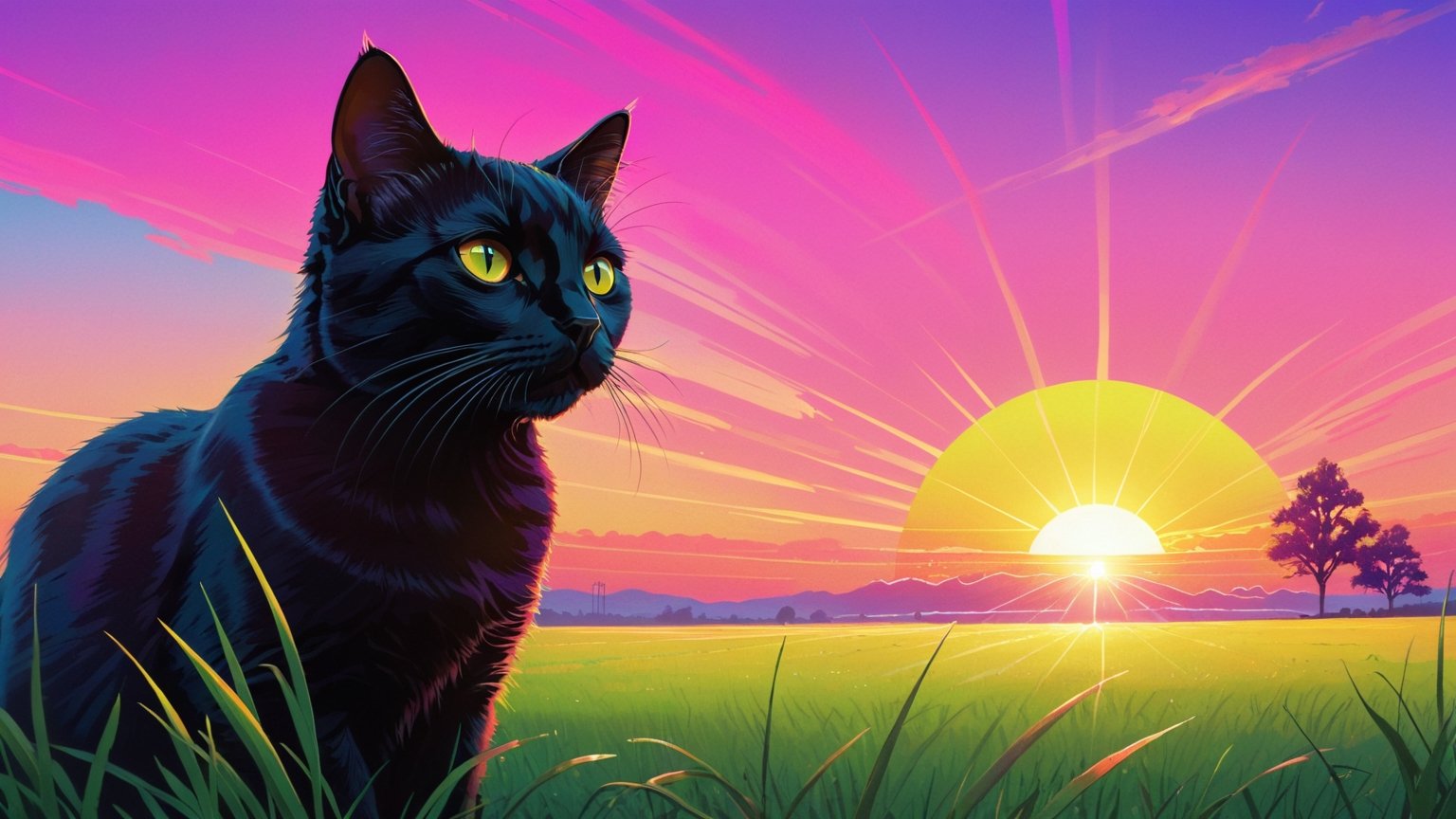 outdoors, sky, one tree, no humans, animal, black cat, grass, sunset, sun, animal focus, multicolor sky, synthwave style, 