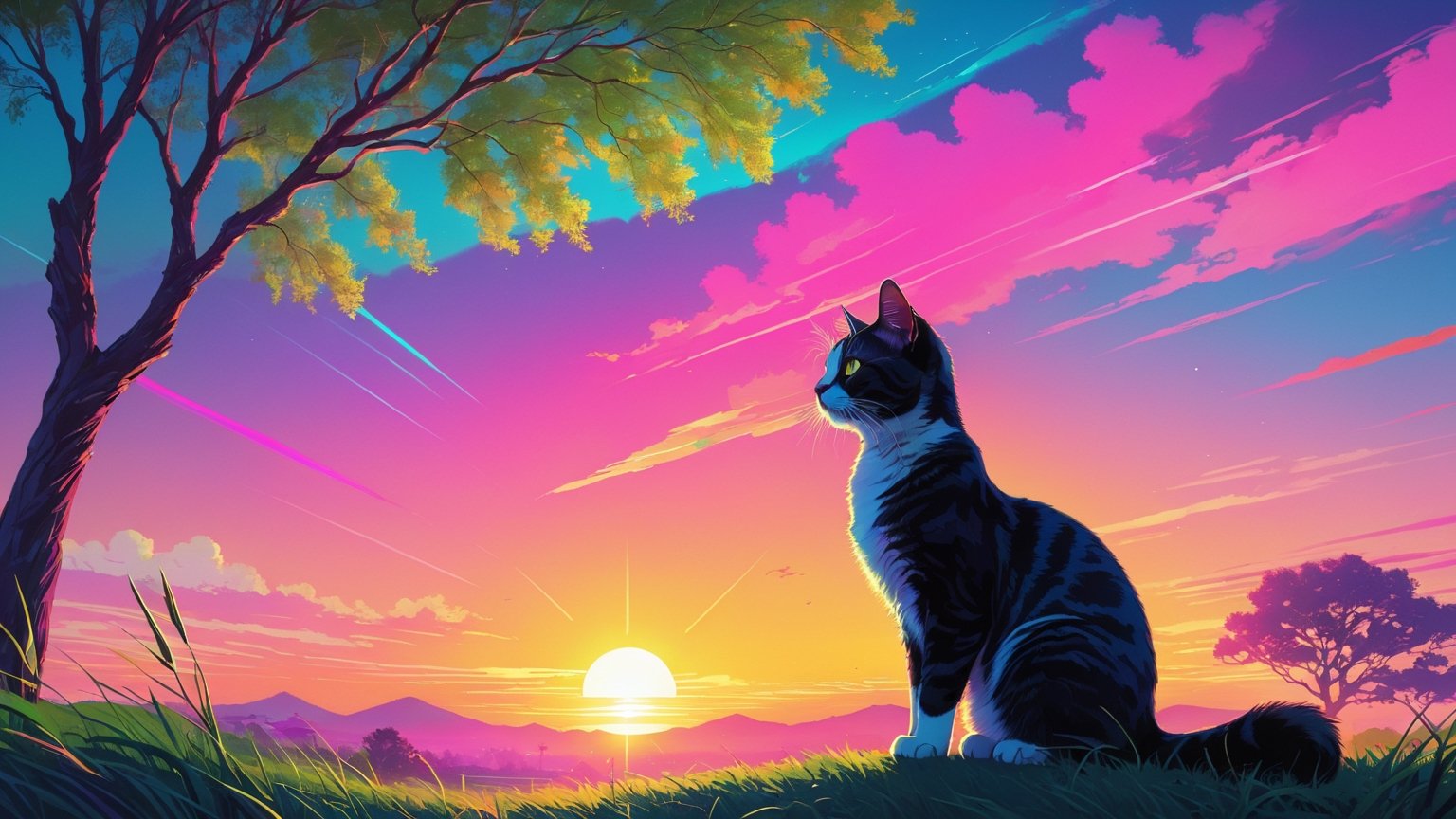 outdoors, sky, tree, no humans, animal, cat, grass, sunset, sun, animal focus, multicolor sky, synthwave style, 