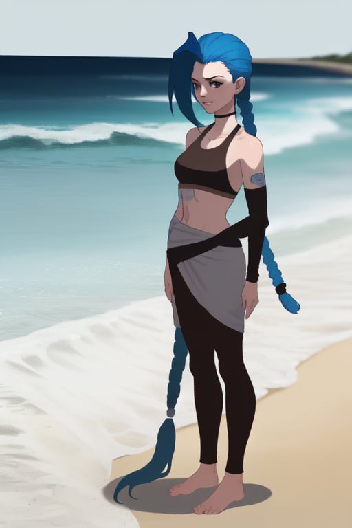 JinxLol standing on a beach with nothing but a towle wrapped around her