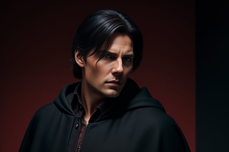 An vampire male figure, black hair, cloak, detailed background, (Tom Cruise]:0.8), stern face, blue eyes, amazing fine detail, Nikon D850 film stock photograph Kodak Portra 400 camera f1.6 lens, rich colors, lifelike texture, dramatic lighting, unreal engine, trending on ArtStation, cinestill 800 tungsten,photorealistic,verism style