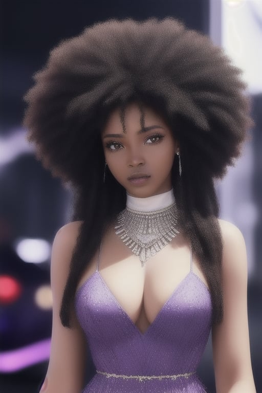  african black woman, afro long hair, purple realistic dress, garments cyberpunk and Luxurious Costume diamonds. background white, white fund