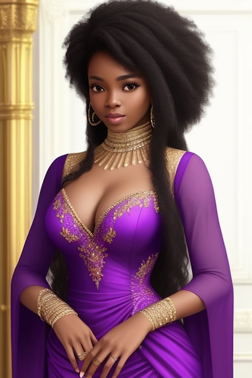  african black woman, afro long hair, purple realistic dress hauter couture, garments Luxurious Costume diamonds. background white